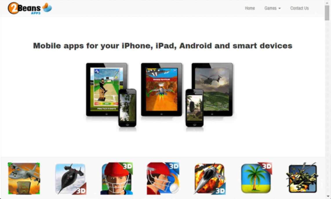 Screenshot of 2bean's landing page featuring icons for their games collection and pictures of their games displayed on various sized devices