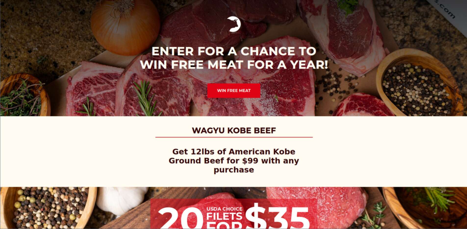 Screenshot of Good Ranchers menu SPA hero section featuring offers for 'free meat for a year' and a promo for wagyu beef