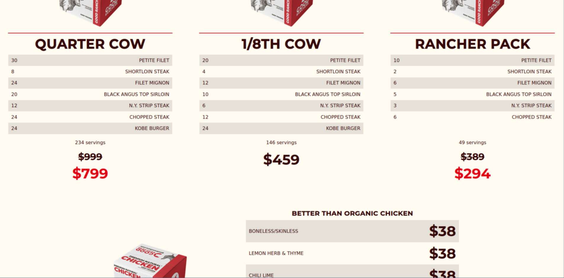 Screenshot of Good Ranchers menu SPA menu section featuring various meat offerings