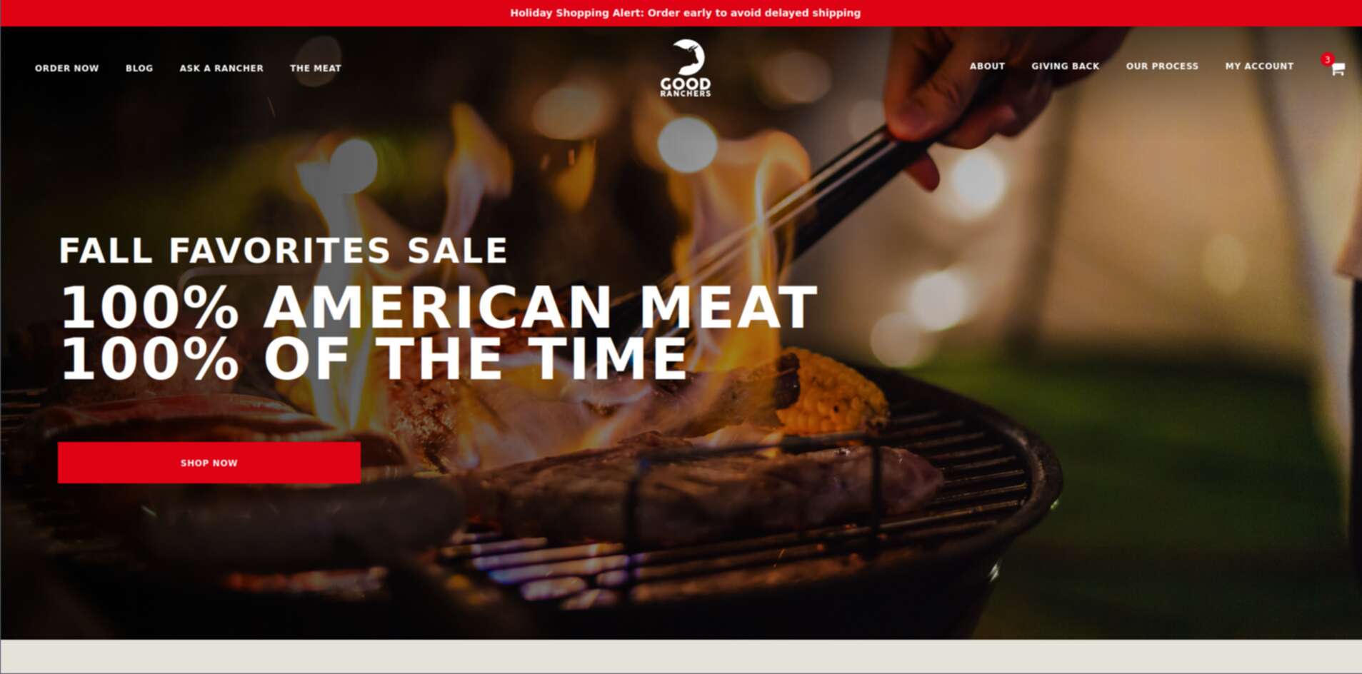 Screenshot of goodranchers.com's hero section with large background featuring close up of meat and corn grilling on a barbeque grill