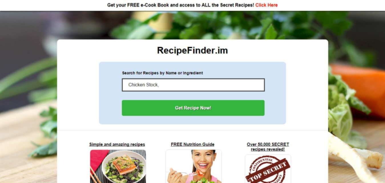 Screenshot of RecipeFinder's landing page with recipe lookup input field and several thumbnails for food and recipe related articles