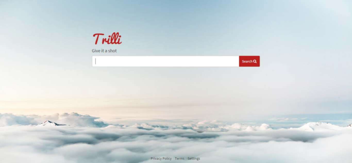Screenshot of Trilli's landing page feature a searchbox and above-clouds skyscape background